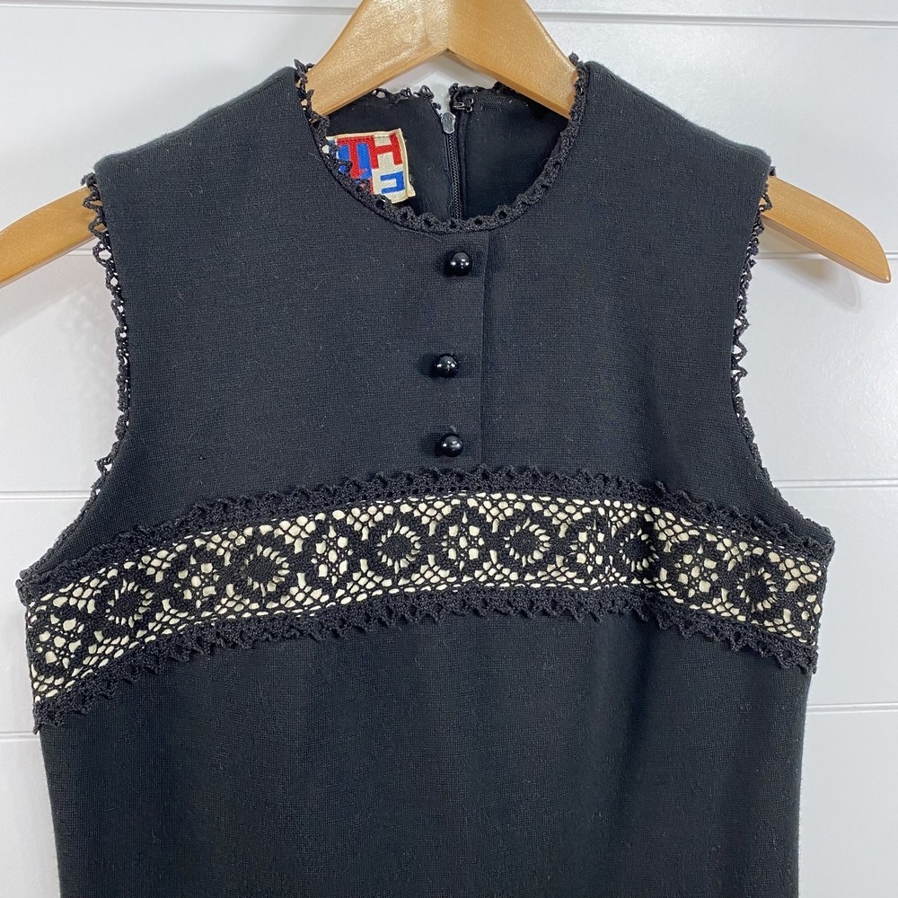 Vintage Youthquake Dress Womens Medium Black Sleeveless Mod Lace Trim 60s Retro